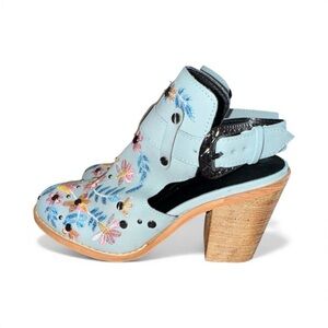 Floral Embroidered Heeled Boots in Light Blue